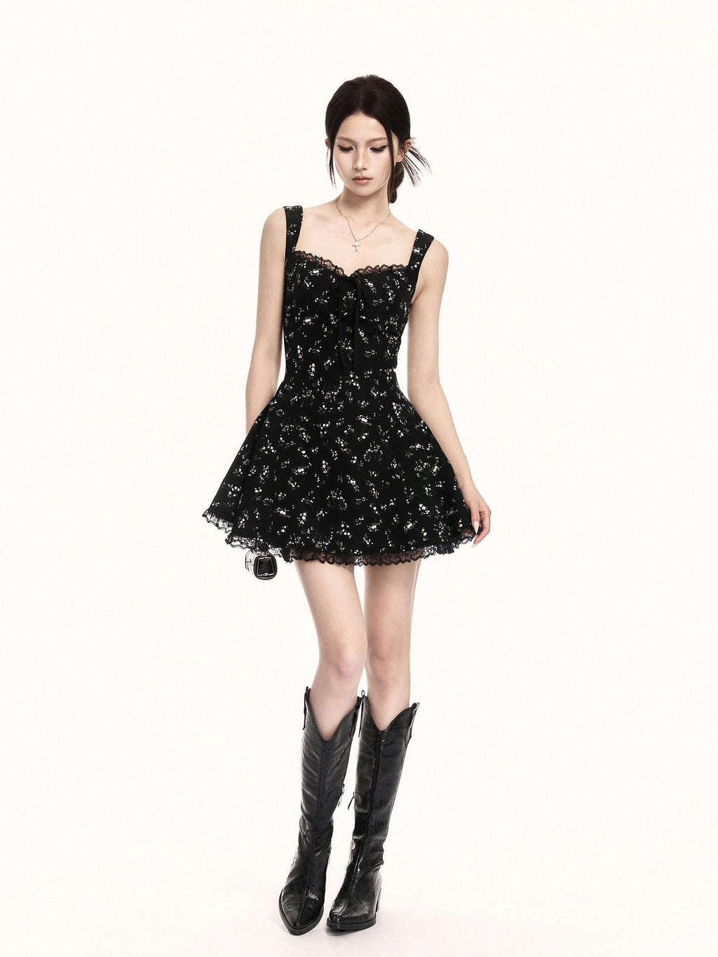 VOCK Black Floral Square Neck Lace Puff A Line Women's Polyester Slip Mini Dresses