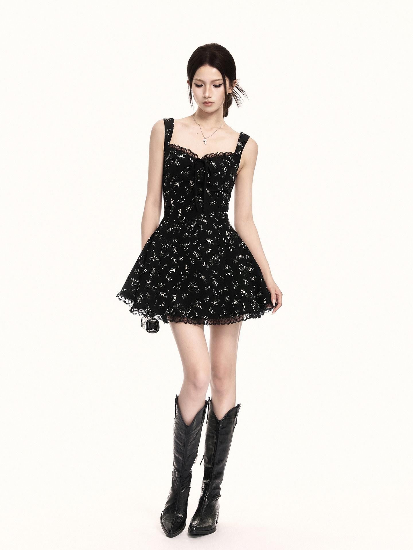 VOCK Black Floral Square Neck Lace Puff A Line Women's Polyester Slip Mini Dresses
