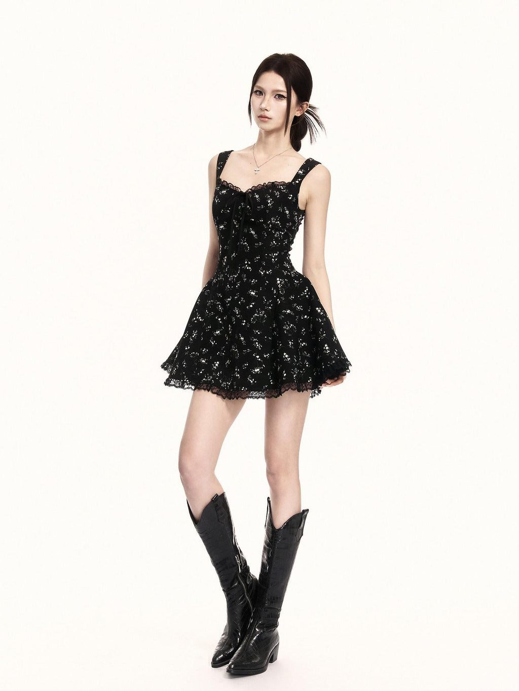 VOCK Black Floral Square Neck Lace Puff A Line Women's Polyester Slip Mini Dresses