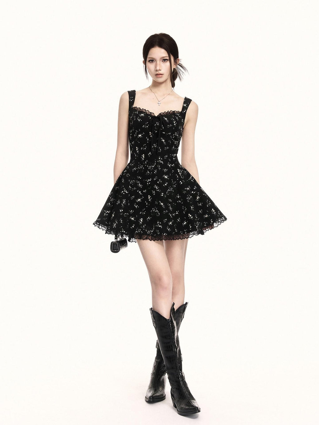 VOCK Black Floral Square Neck Lace Puff A Line Women's Polyester Slip Mini Dresses