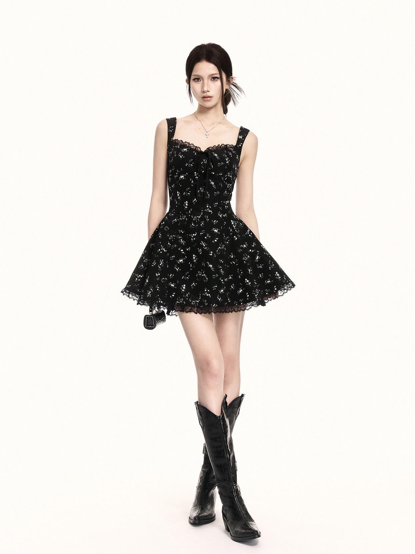 VOCK Black Floral Square Neck Lace Puff A Line Women's Polyester Slip Mini Dresses