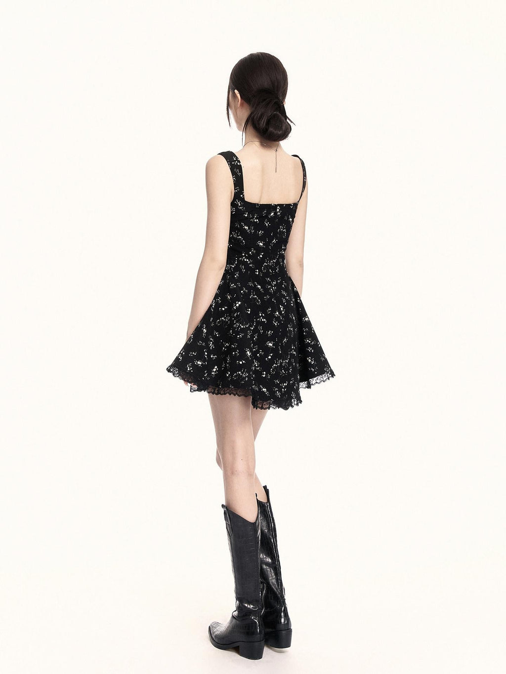 VOCK Black Floral Square Neck Lace Puff A Line Women's Polyester Slip Mini Dresses
