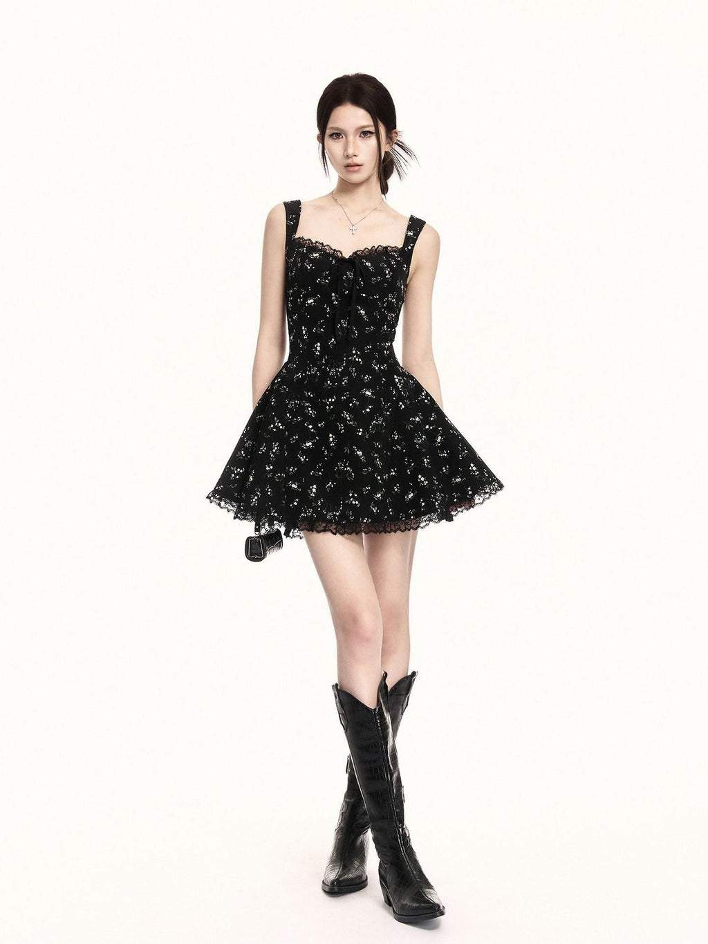 VOCK Black Floral Square Neck Lace Puff A Line Women's Polyester Slip Mini Dresses