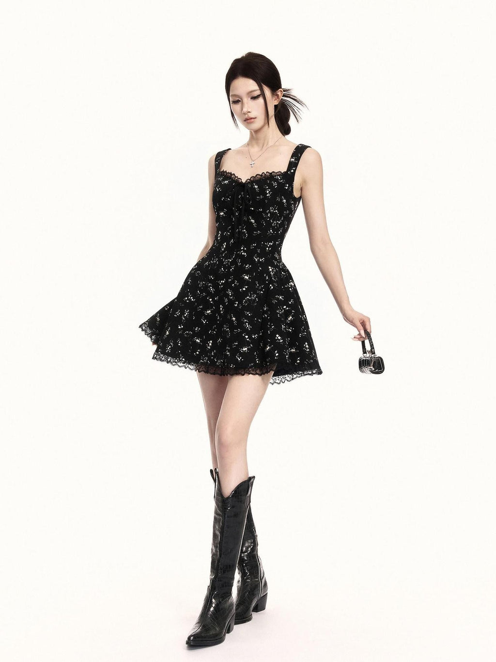 VOCK Black Floral Square Neck Lace Puff A Line Women's Polyester Slip Mini Dresses