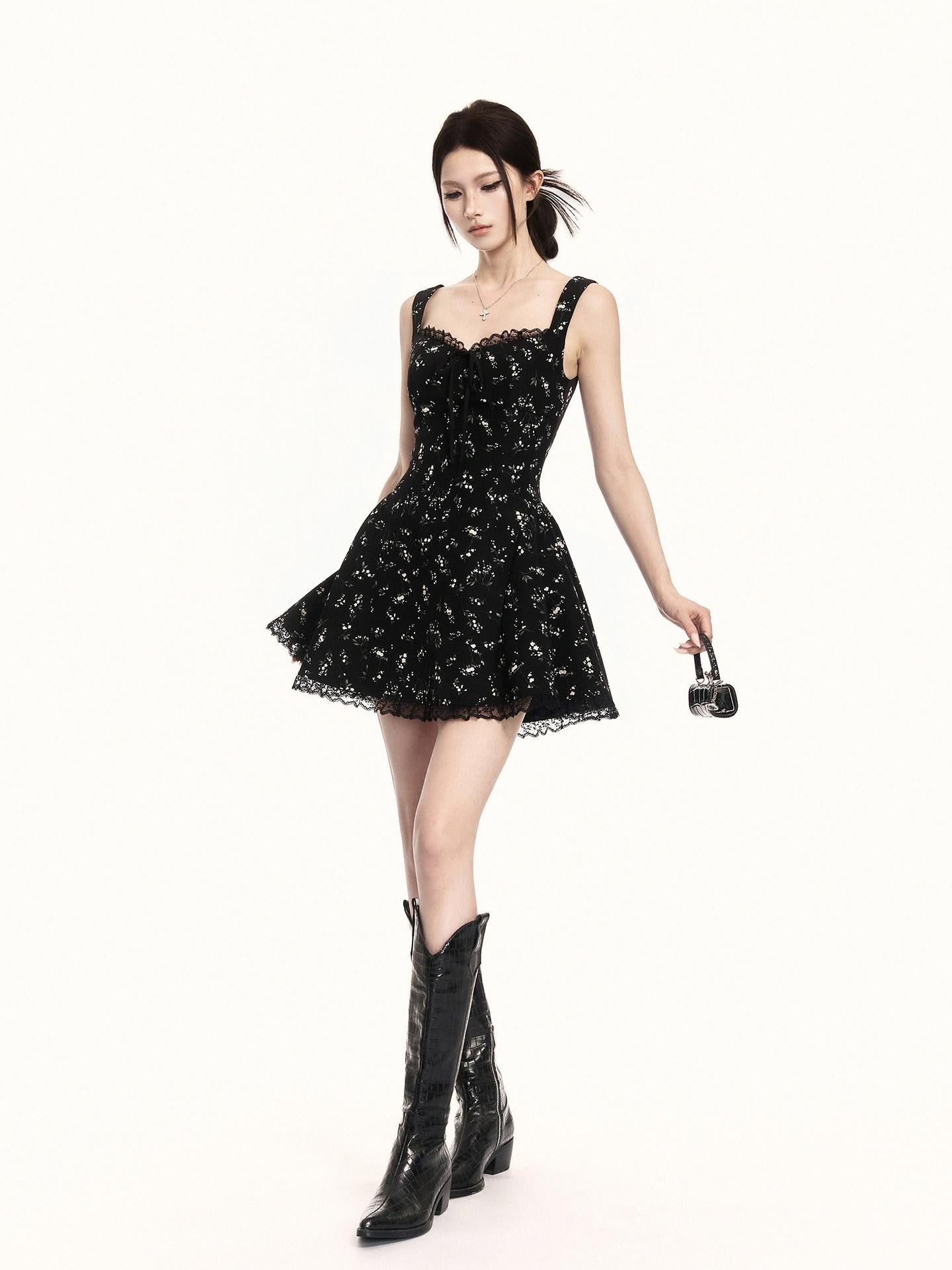 VOCK Black Floral Square Neck Lace Puff A Line Women's Polyester Slip Mini Dresses