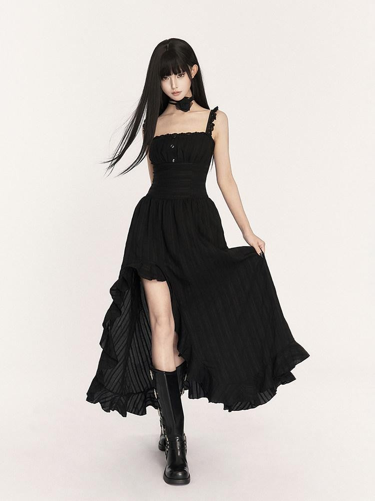 VOCK Black French Asymmetrical High Waist Slit Women's Cotton Blend Slip Maxi Dresses