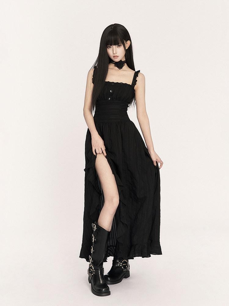 VOCK Black French Asymmetrical High Waist Slit Women's Cotton Blend Slip Maxi Dresses