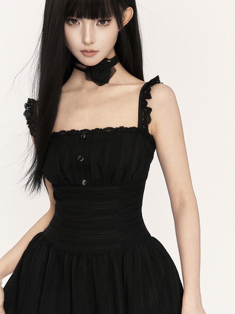 VOCK Black French Asymmetrical High Waist Slit Women's Cotton Blend Slip Maxi Dresses