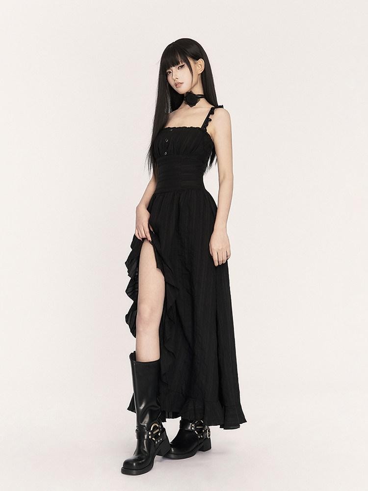 VOCK Black French Asymmetrical High Waist Slit Women's Cotton Blend Slip Maxi Dresses