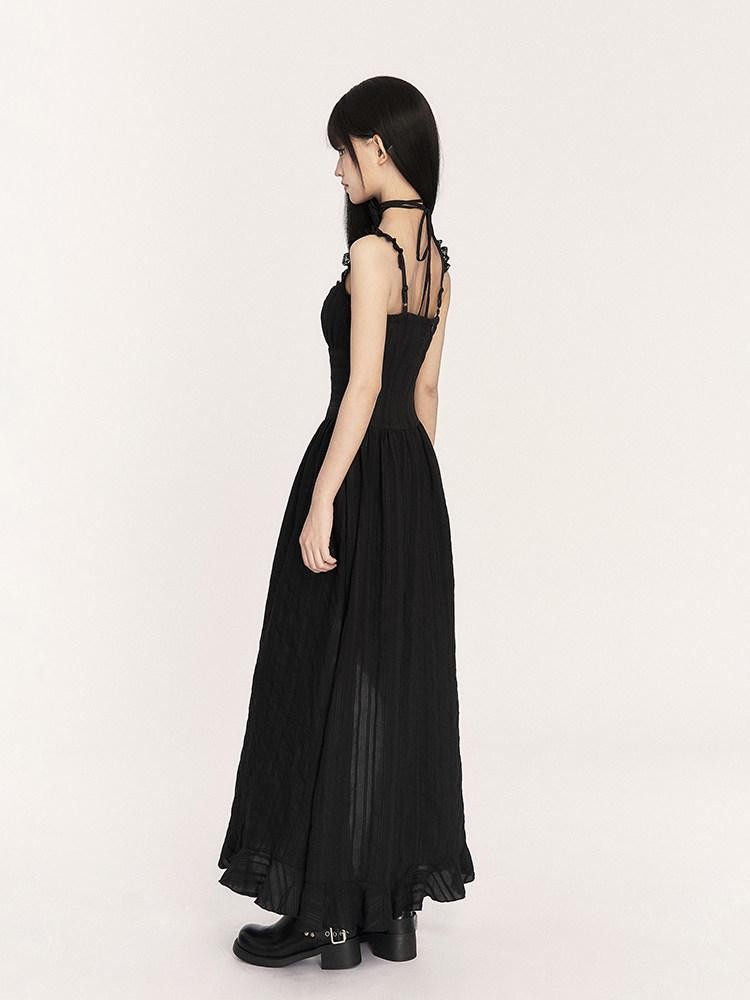 VOCK Black French Asymmetrical High Waist Slit Women's Cotton Blend Slip Maxi Dresses