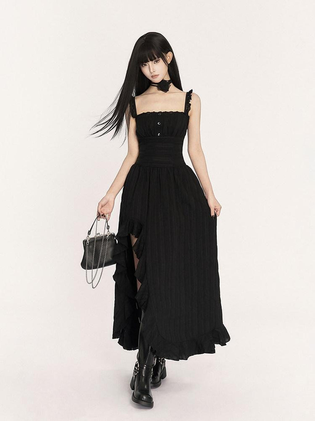 VOCK Black French Asymmetrical High Waist Slit Women's Cotton Blend Slip Maxi Dresses