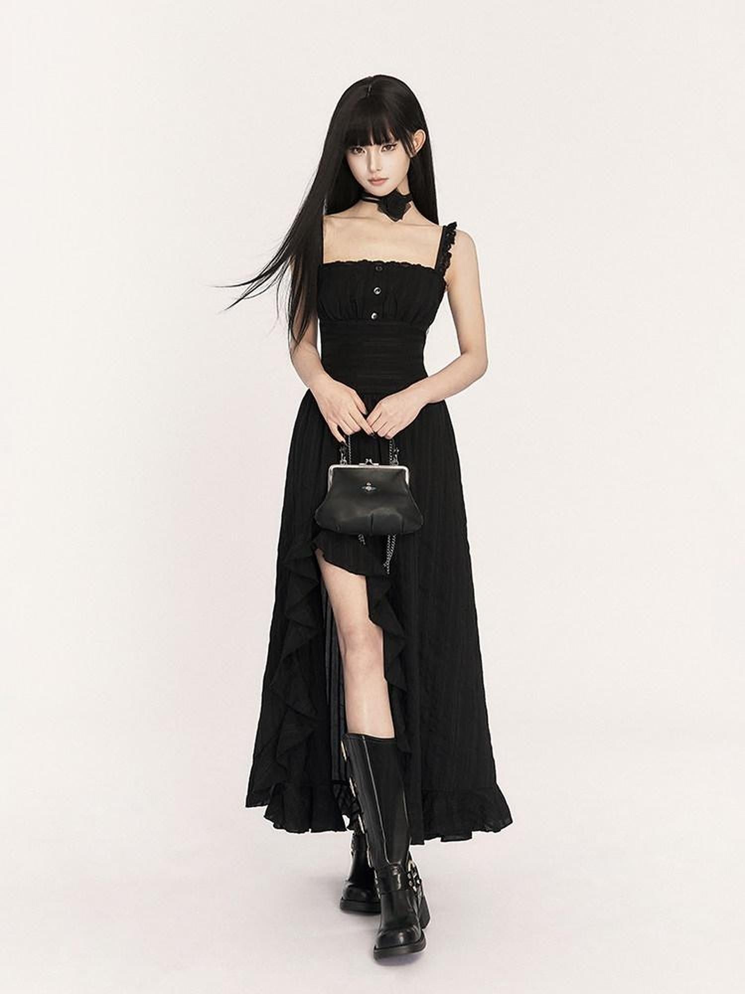 VOCK Black French Asymmetrical High Waist Slit Women's Cotton Blend Slip Maxi Dresses