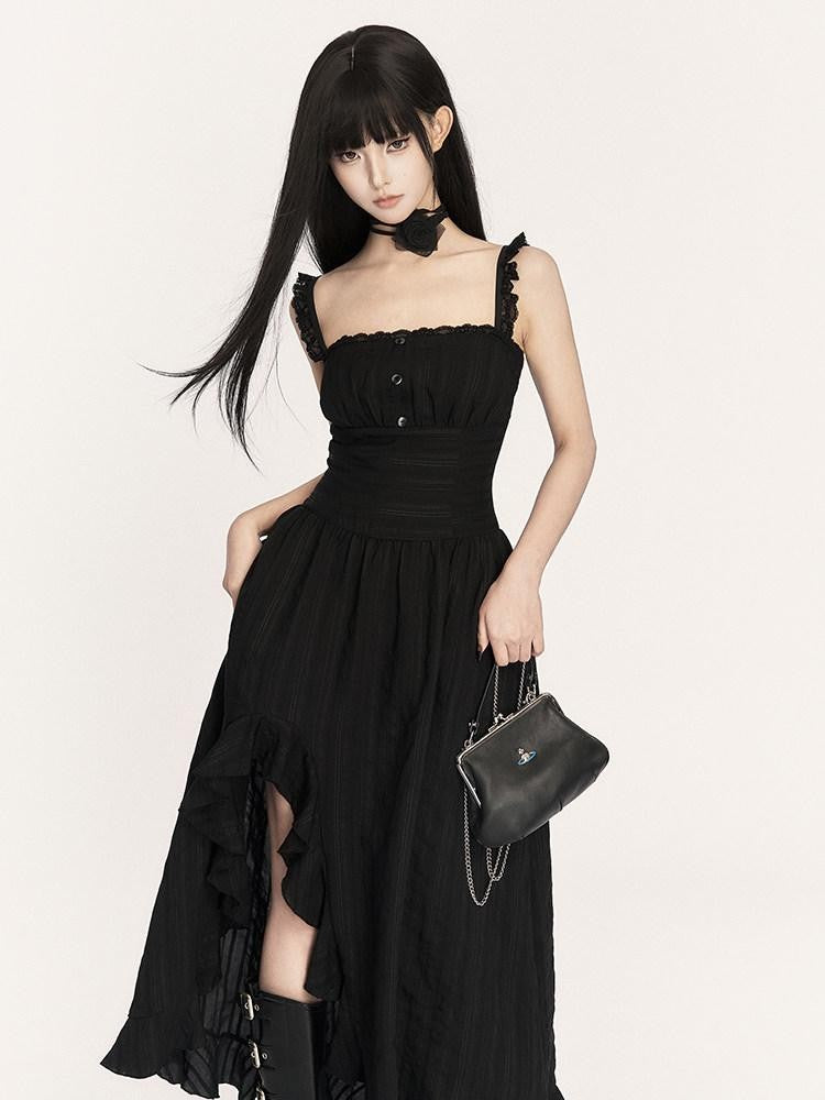VOCK Black French Asymmetrical High Waist Slit Women's Cotton Blend Slip Maxi Dresses