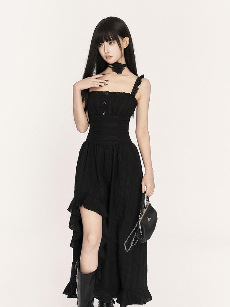 VOCK Black French Asymmetrical High Waist Slit Women's Cotton Blend Slip Maxi Dresses