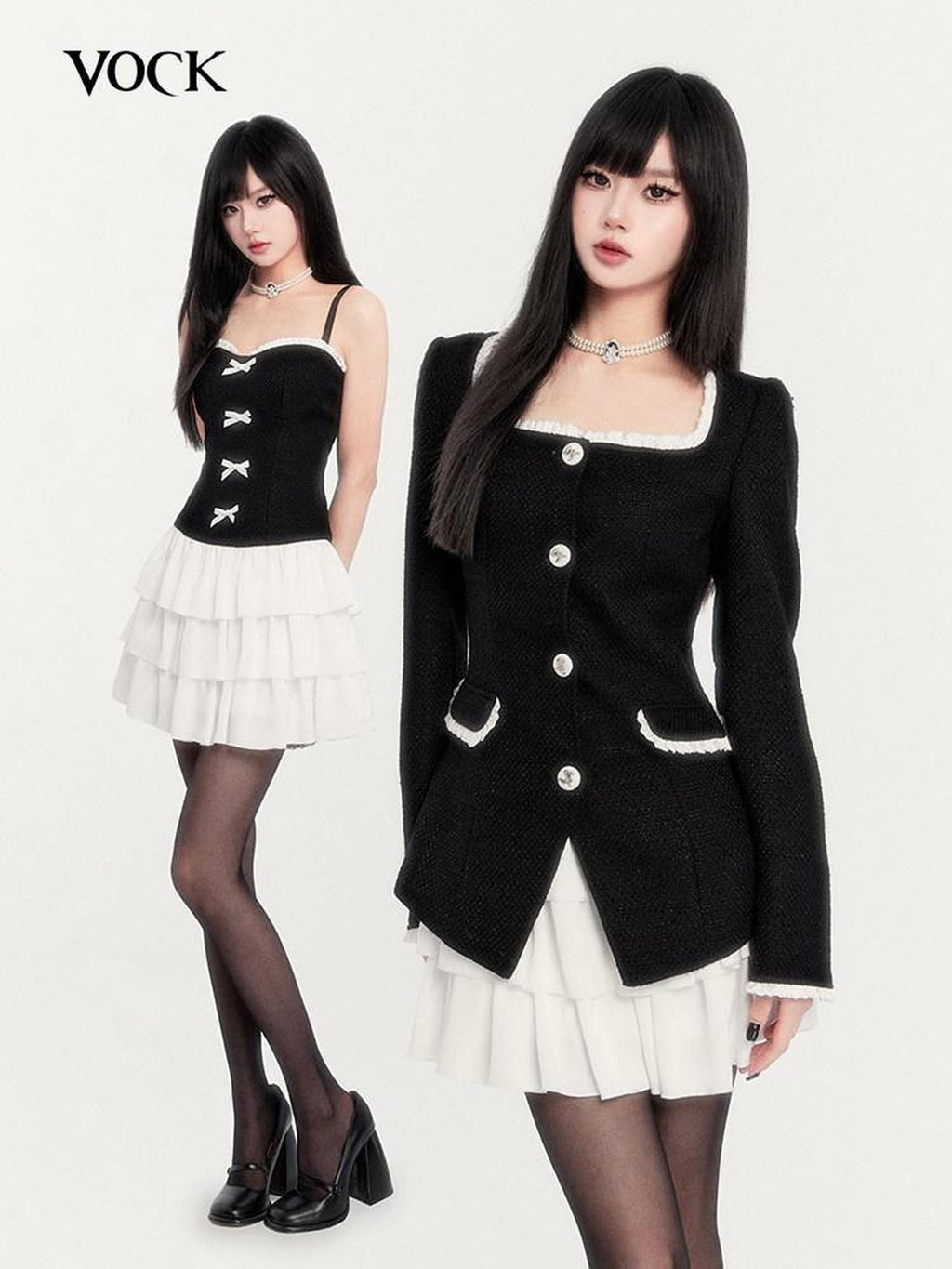 VOCK Black French Inspired Tweed Waist Cinch Women's Polyester Slip Mini Dresses