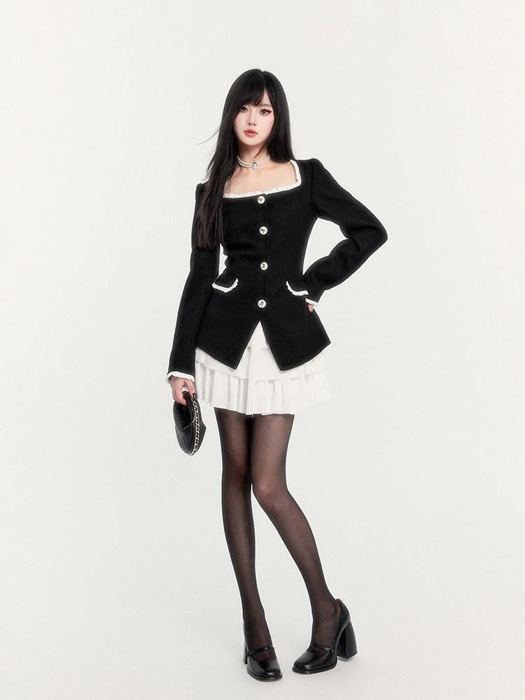 VOCK Black French Inspired Tweed Waist Cinch Women's Polyester Slip Mini Dresses