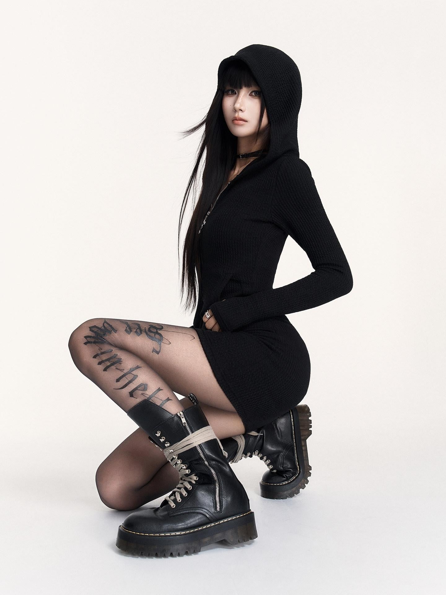 VOCK Black Gothic Letter Compression Faux Bare Leg Women's Nylon Hosiery