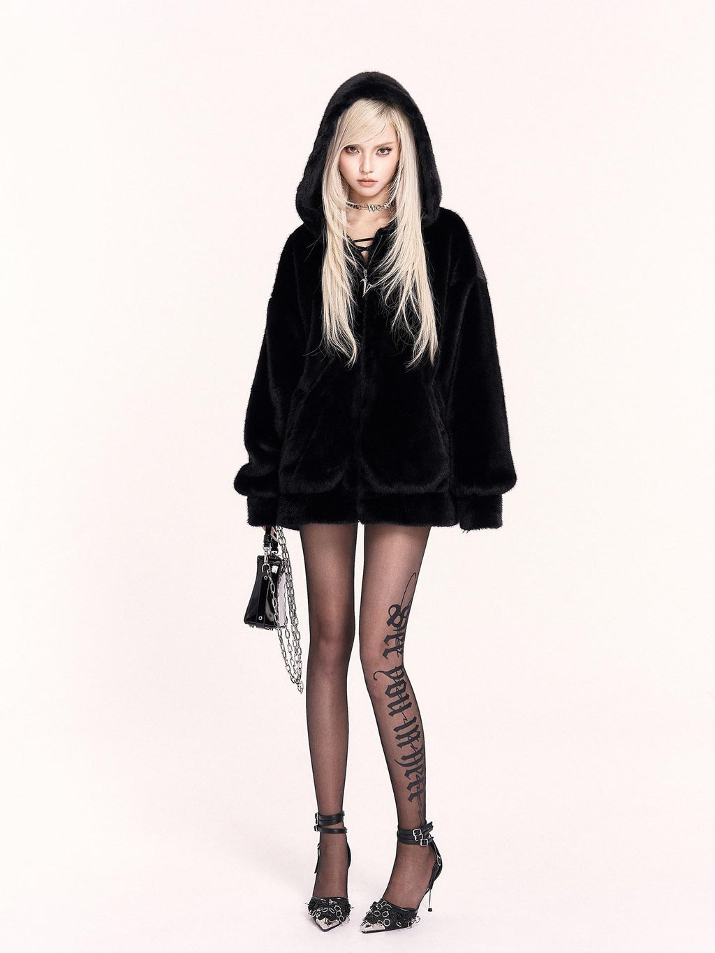 VOCK Black Gothic Letter Compression Faux Bare Leg Women's Nylon Hosiery