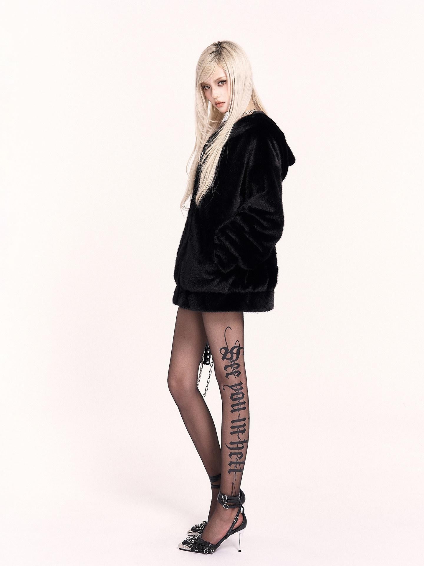 VOCK Black Gothic Letter Compression Faux Bare Leg Women's Nylon Hosiery