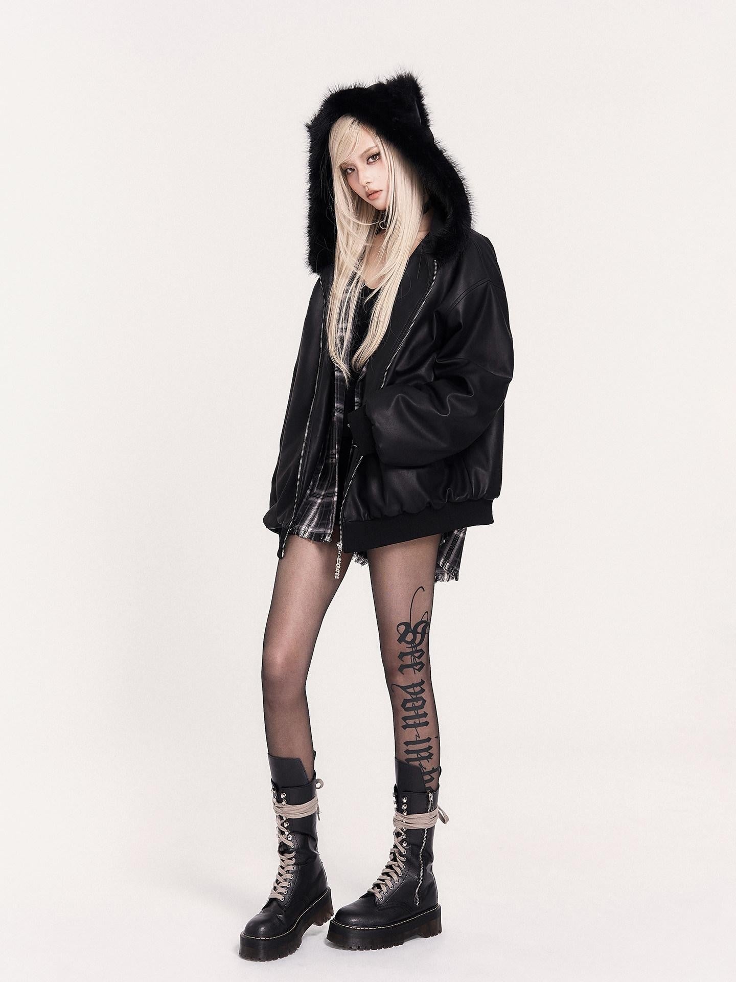 VOCK Black Gothic Letter Compression Faux Bare Leg Women's Nylon Hosiery