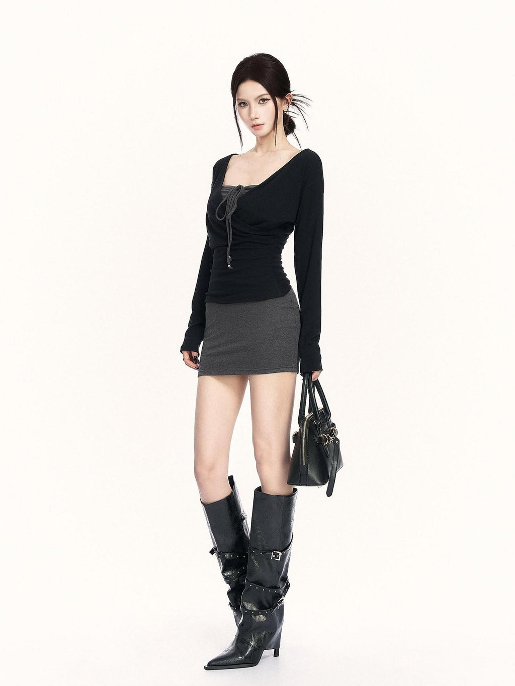 VOCK Black Gray Colorblock V-neck Bodycon Women's Knitted Halter Mini Dresses