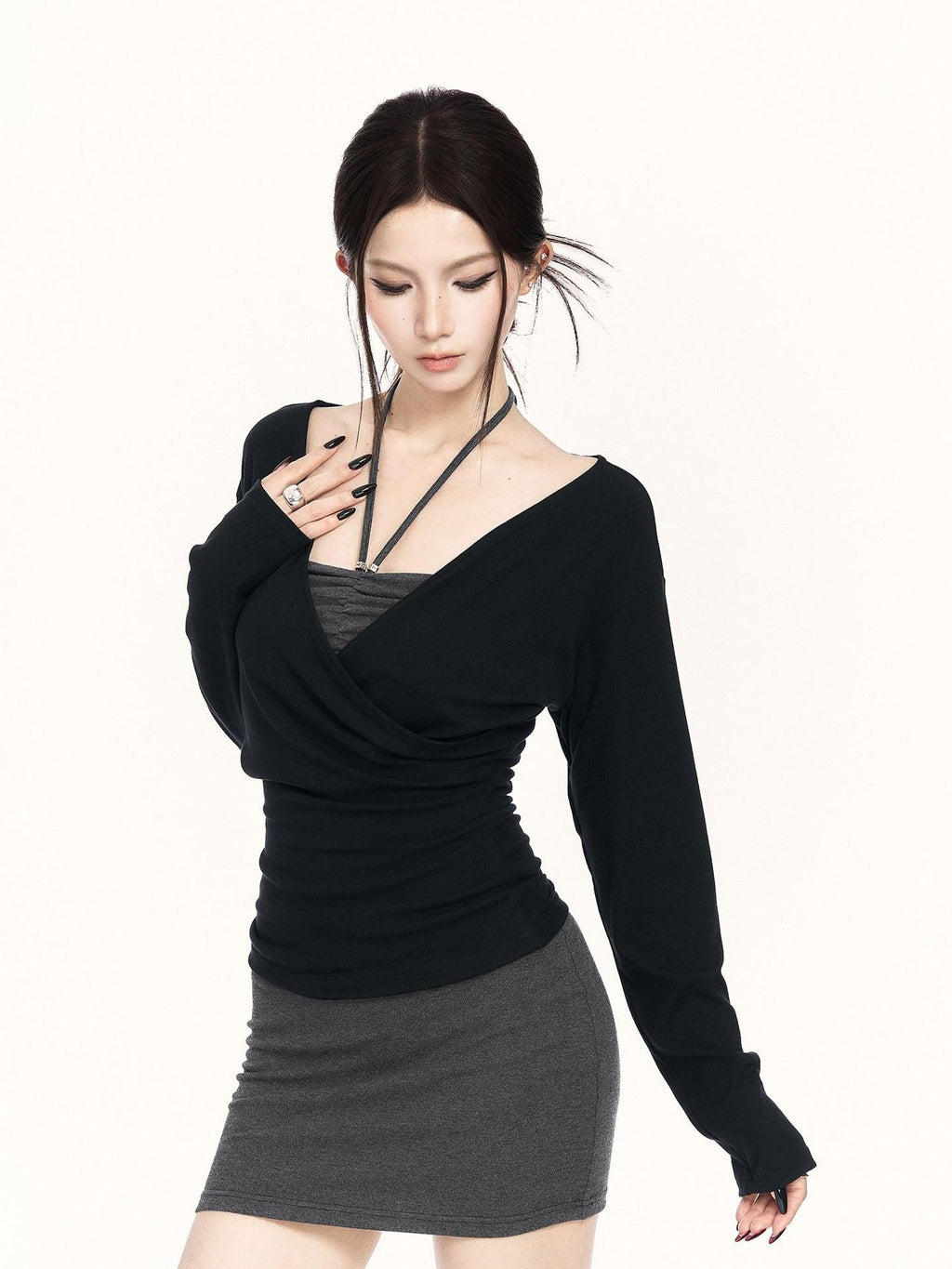 VOCK Black Gray Colorblock V-neck Bodycon Women's Knitted Halter Mini Dresses