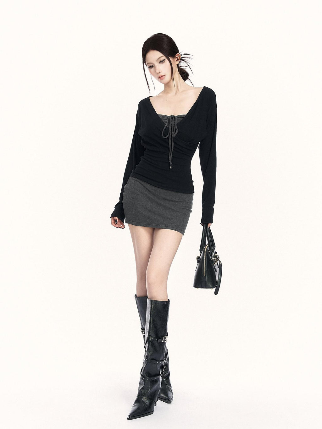 VOCK Black Gray Colorblock V-neck Bodycon Women's Knitted Halter Mini Dresses