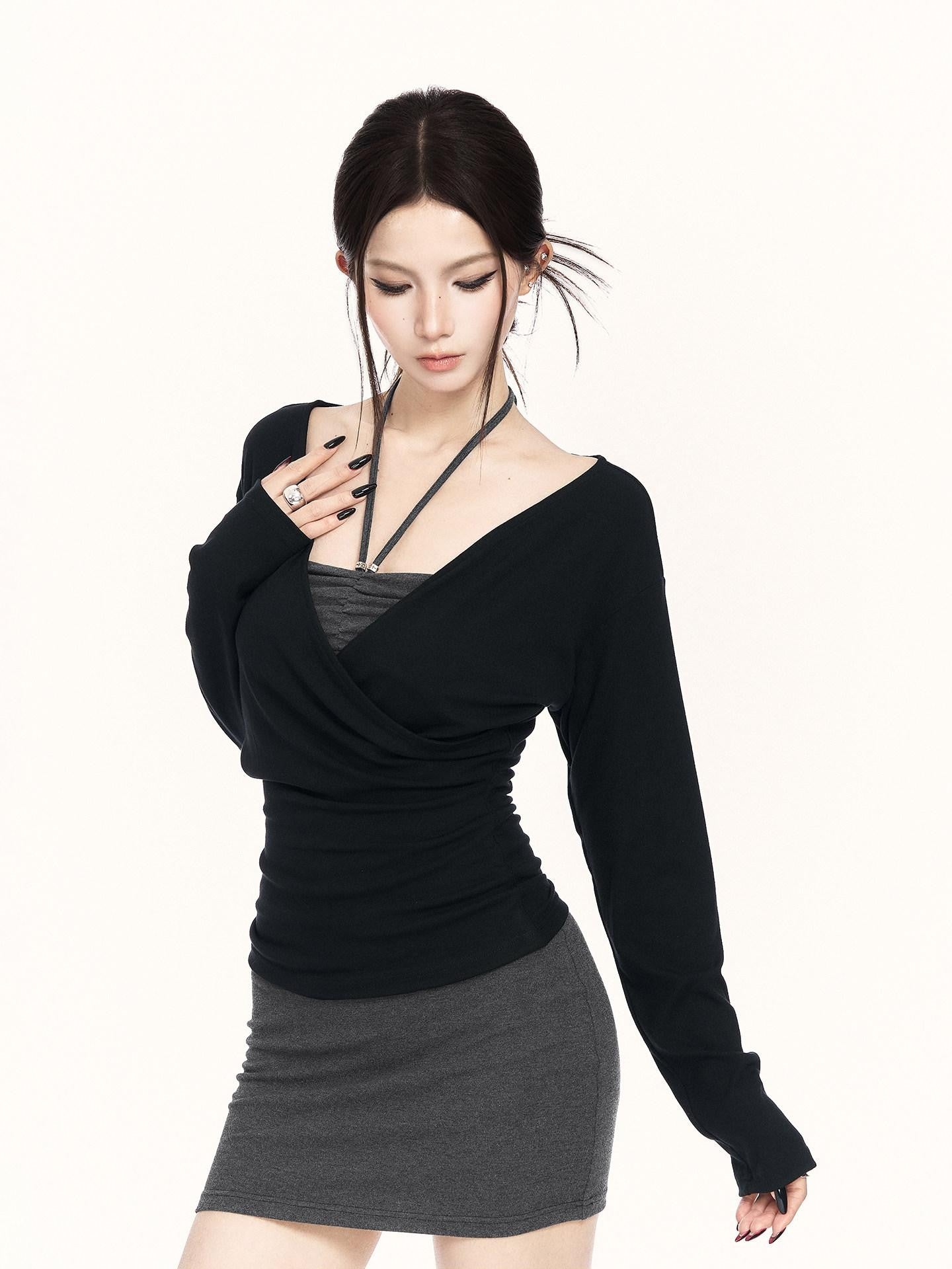 VOCK Black Gray Colorblock V-neck Bodycon Women's Knitted Halter Mini Dresses