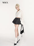 VOCK Black Gray Plaid High Waist A Line Slim 3d Pleats Women's Pleated Skirts