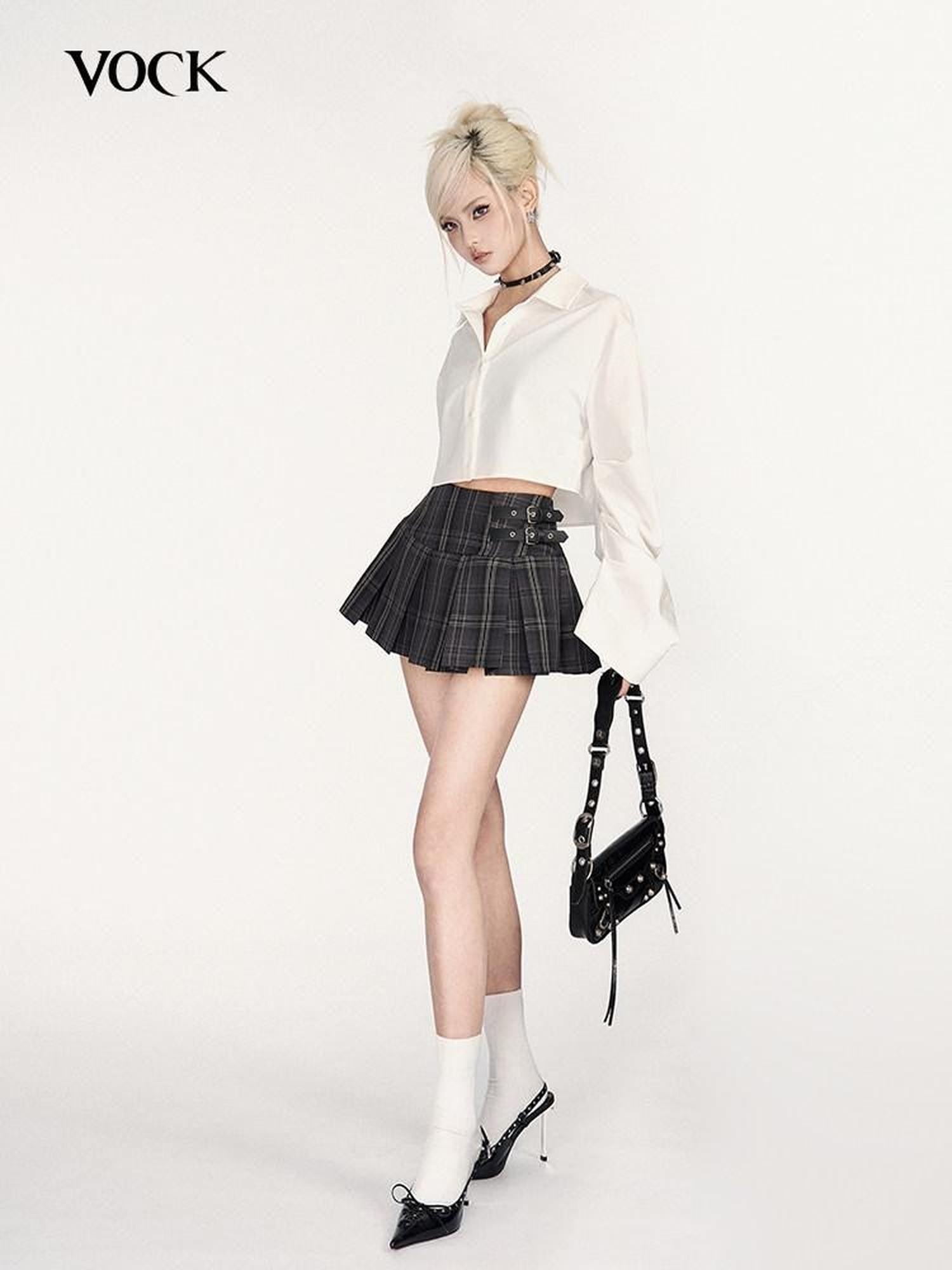 VOCK Black Gray Plaid High Waist A Line Slim 3d Pleats Women's Pleated Skirts