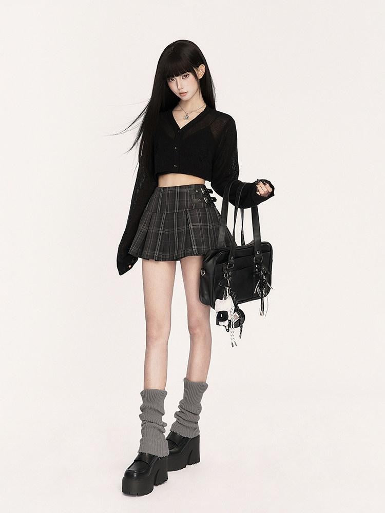 VOCK Black Gray Plaid High Waist A Line Slim 3d Pleats Women's Pleated Skirts