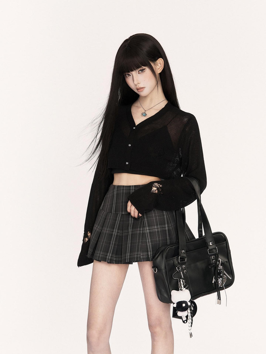 VOCK Black Gray Plaid High Waist A Line Slim 3d Pleats Women's Pleated Skirts
