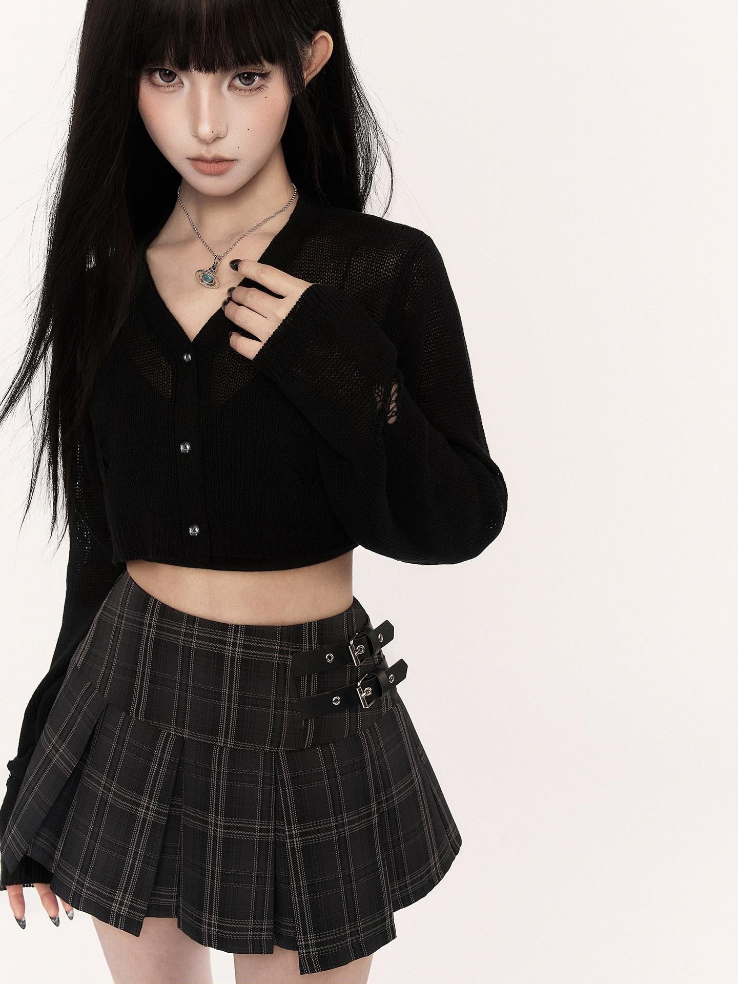 VOCK Black Gray Plaid High Waist A Line Slim 3d Pleats Women's Pleated Skirts