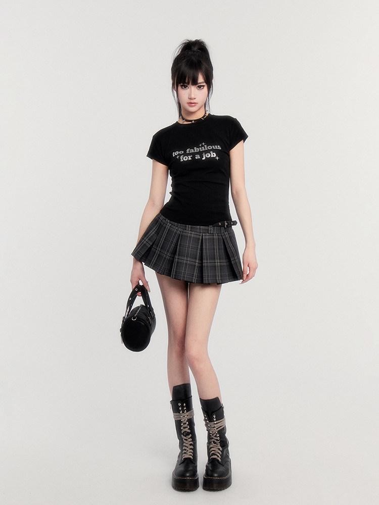 VOCK Black Gray Plaid High Waist A Line Slim 3d Pleats Women's Pleated Skirts