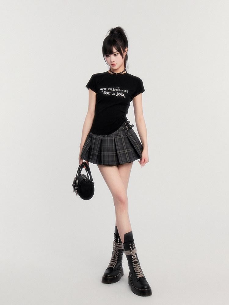 VOCK Black Gray Plaid High Waist A Line Slim 3d Pleats Women's Pleated Skirts