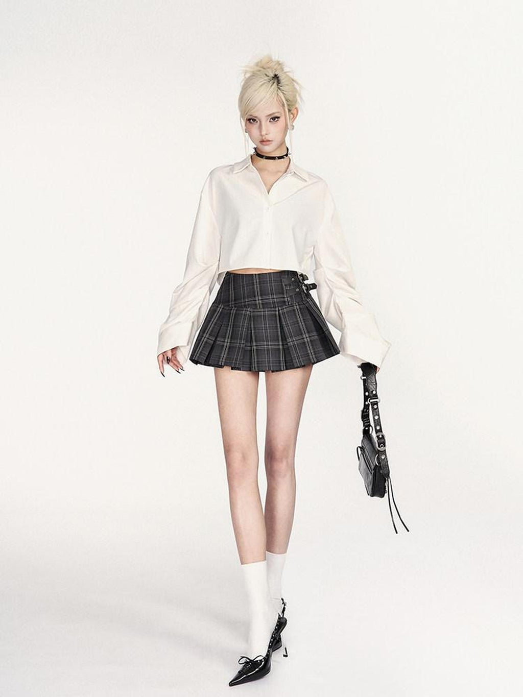 VOCK Black Gray Plaid High Waist A Line Slim 3d Pleats Women's Pleated Skirts