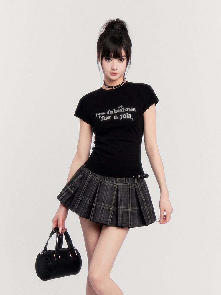 VOCK Black Gray Plaid High Waist A Line Slim 3d Pleats Women's Pleated Skirts