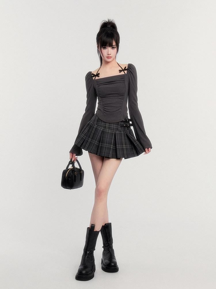 VOCK Black Gray Plaid High Waist A Line Slim 3d Pleats Women's Pleated Skirts