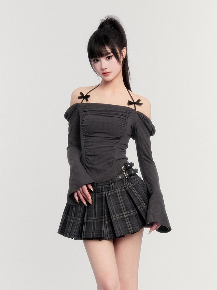 VOCK Black Gray Plaid High Waist A Line Slim 3d Pleats Women's Pleated Skirts