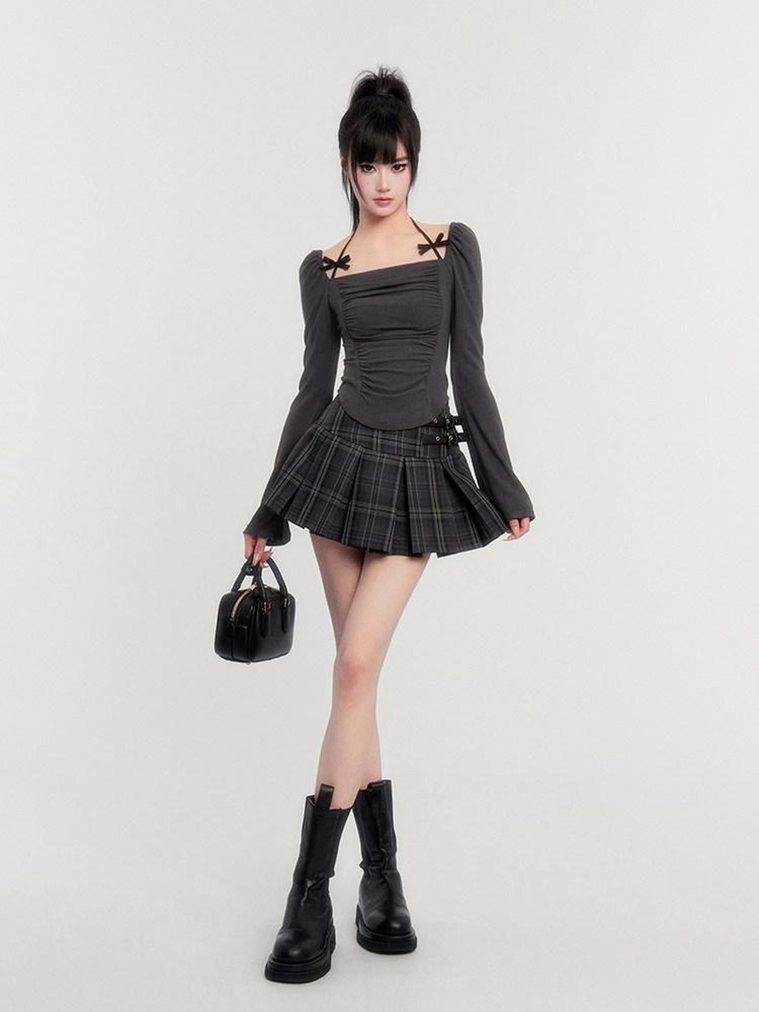 VOCK Black Gray Plaid High Waist A Line Slim 3d Pleats Women's Pleated Skirts