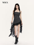 VOCK Black Grey Plaid Irregular Ruffle Backless Women's Halter Mini Dresses