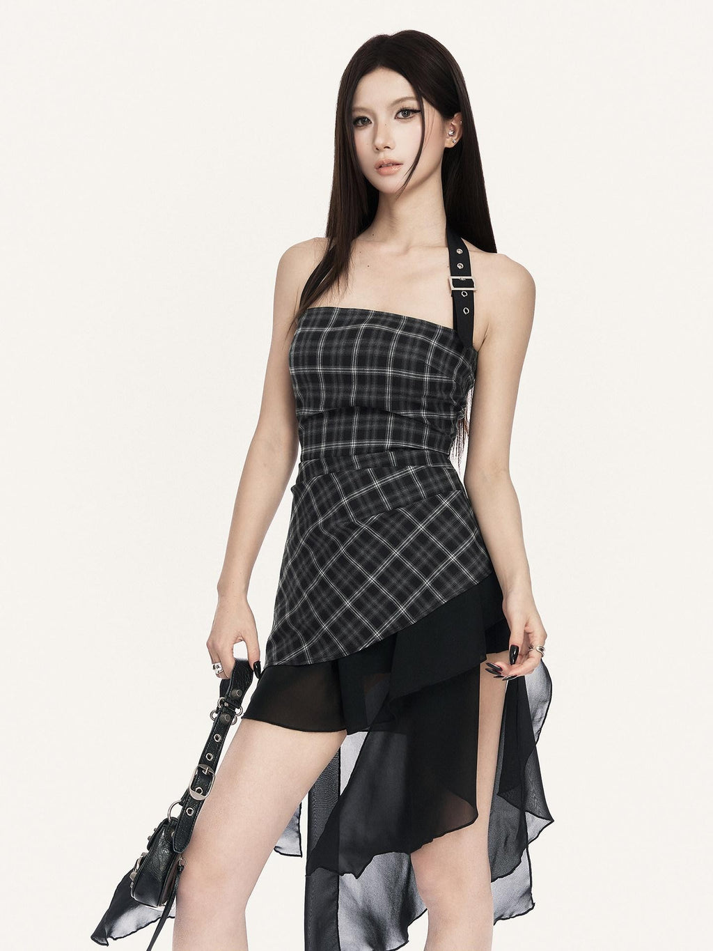 VOCK Black Grey Plaid Irregular Ruffle Backless Women's Halter Mini Dresses