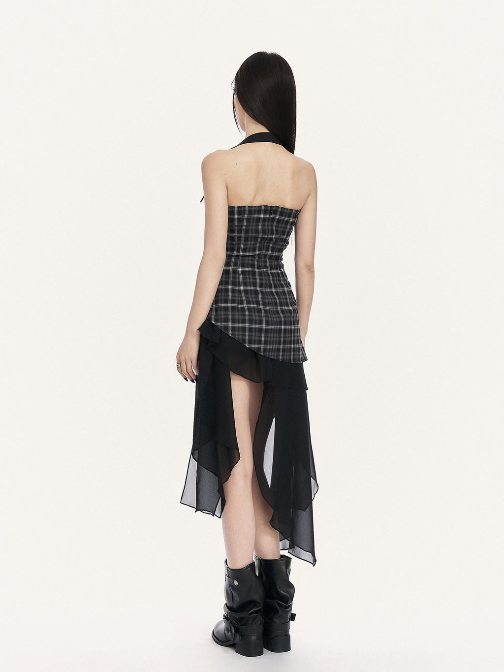 VOCK Black Grey Plaid Irregular Ruffle Backless Women's Halter Mini Dresses