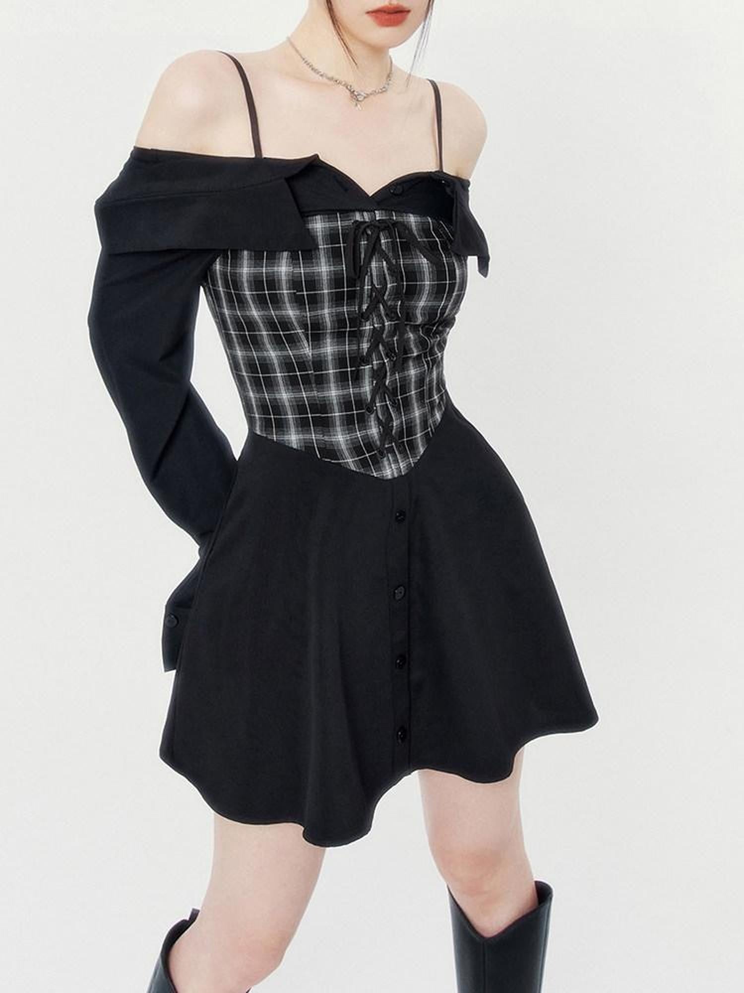 VOCK Black Grey Plaid Square Neck Faux Two Piece Shirt Women's Slip Mini Dresses