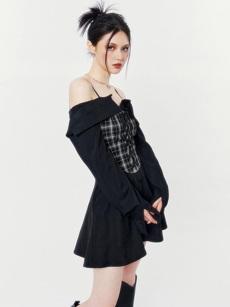 VOCK Black Grey Plaid Square Neck Faux Two Piece Shirt Women's Slip Mini Dresses