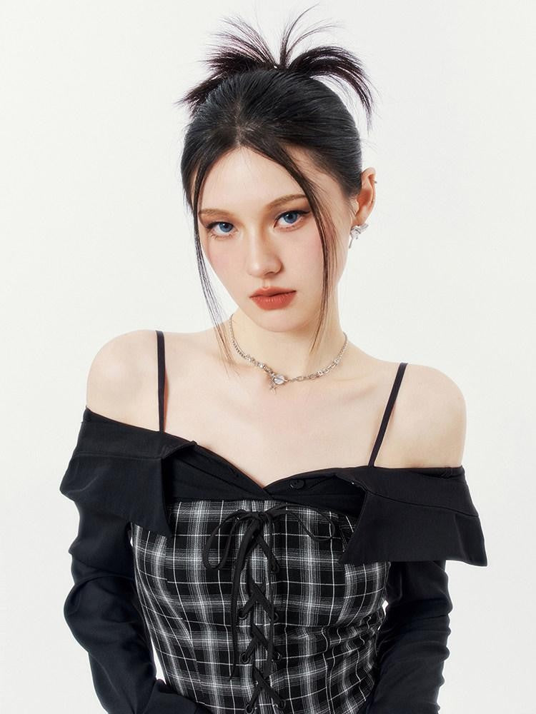 VOCK Black Grey Plaid Square Neck Faux Two Piece Shirt Women's Slip Mini Dresses