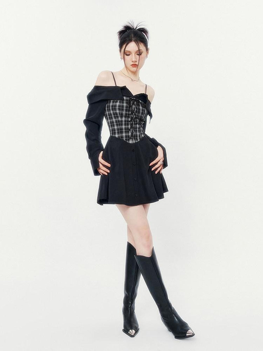 VOCK Black Grey Plaid Square Neck Faux Two Piece Shirt Women's Slip Mini Dresses