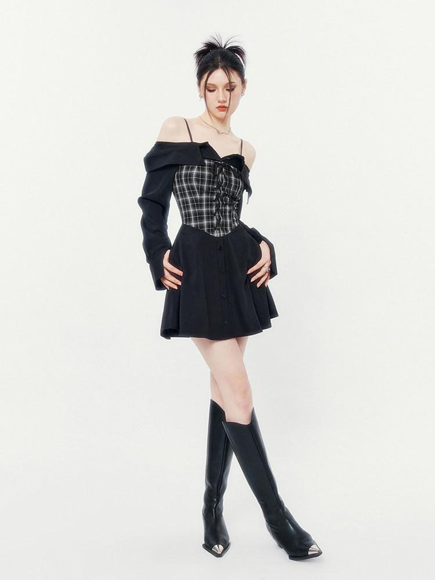 VOCK Black Grey Plaid Square Neck Faux Two Piece Shirt Women's Slip Mini Dresses