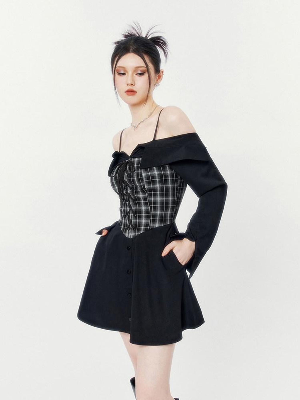 VOCK Black Grey Plaid Square Neck Faux Two Piece Shirt Women's Slip Mini Dresses