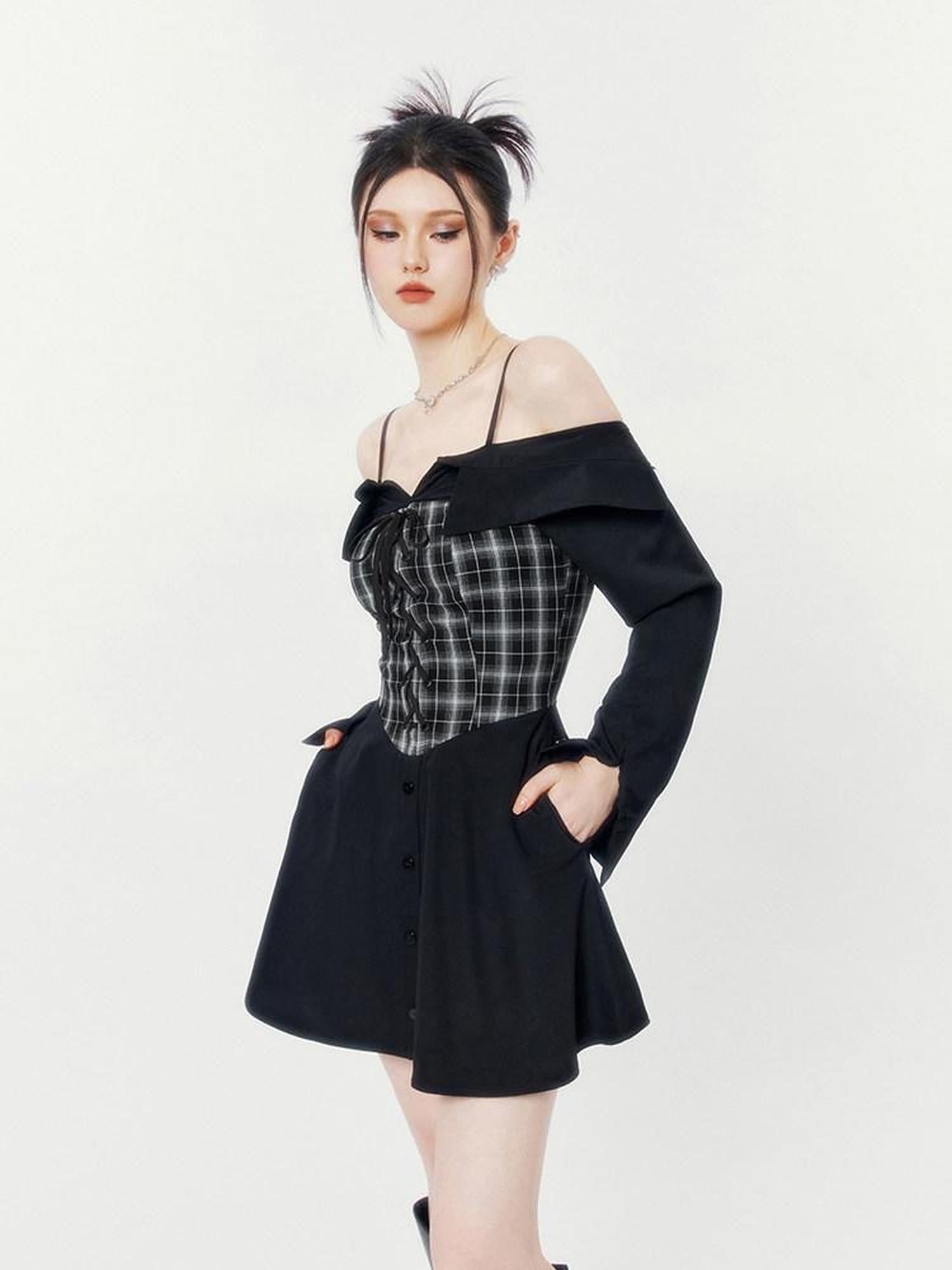 VOCK Black Grey Plaid Square Neck Faux Two Piece Shirt Women's Slip Mini Dresses